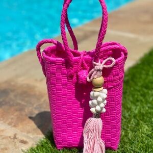 Hot Pink Woven Crossbody bag with Tassel